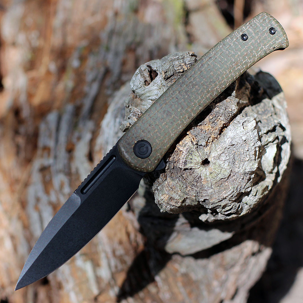 CIVIVI Cetos Folding Knife (C21025B-3)-3.48" Blackwash 14C28N Spear Point Blade, Green Coarse Micarta Handle