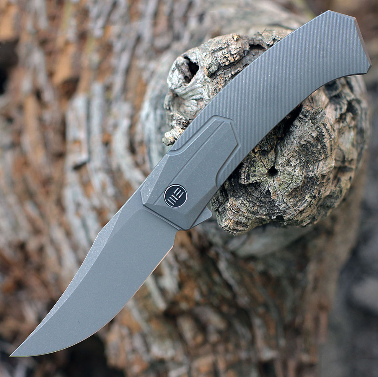 WE Knife Shudden Flipper( WE210154) - 3.48" Stonewashed Trailing Point CPM 20CV Plain Blade, Gray Titanium Handle