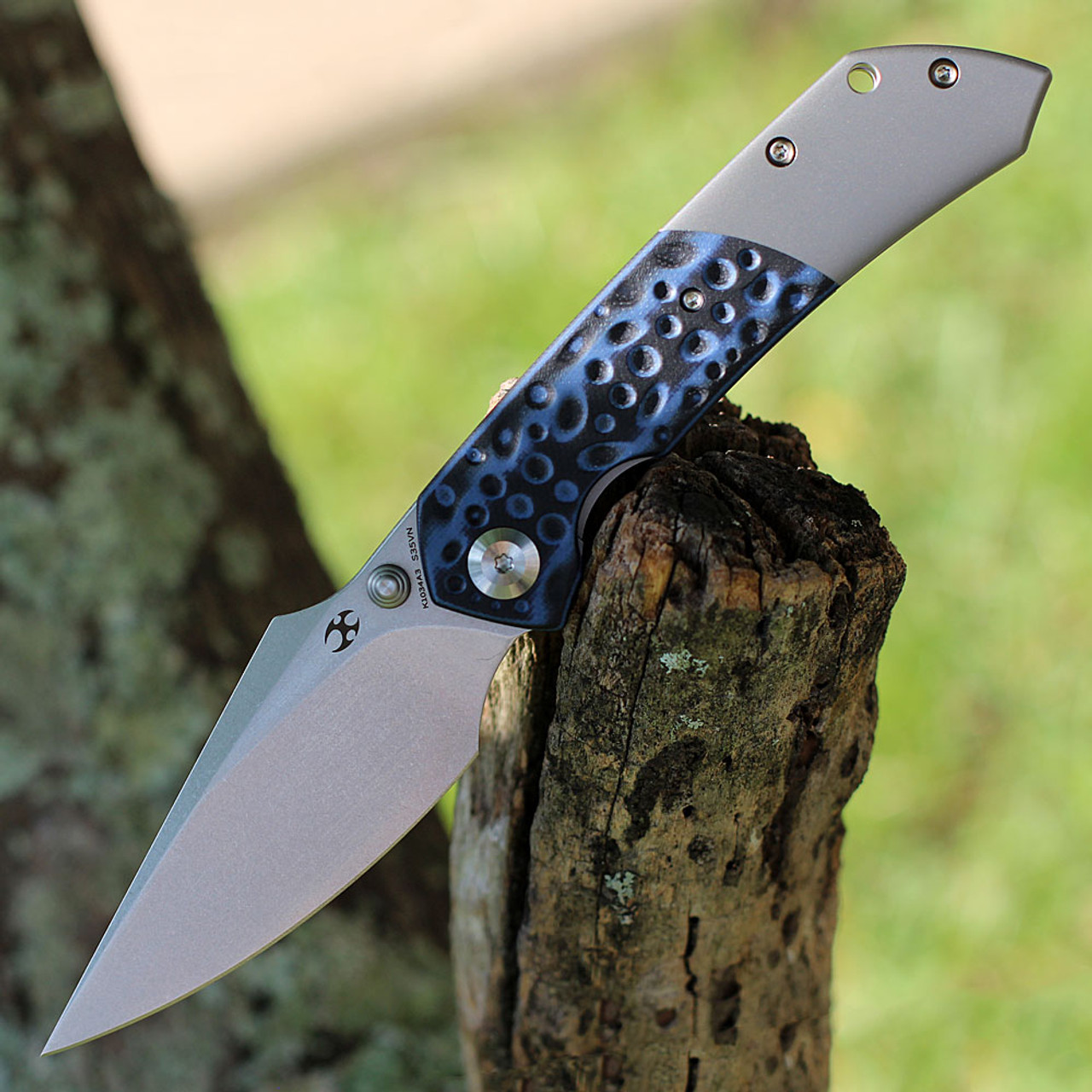 Kansept Fenrir Front Flipper (K1034A3) - 3.48" CPM-S35VN Stonewashed Harpoon Blade, Black and Blue G10 w/ Titanium Handle, Designed By Greg Schob