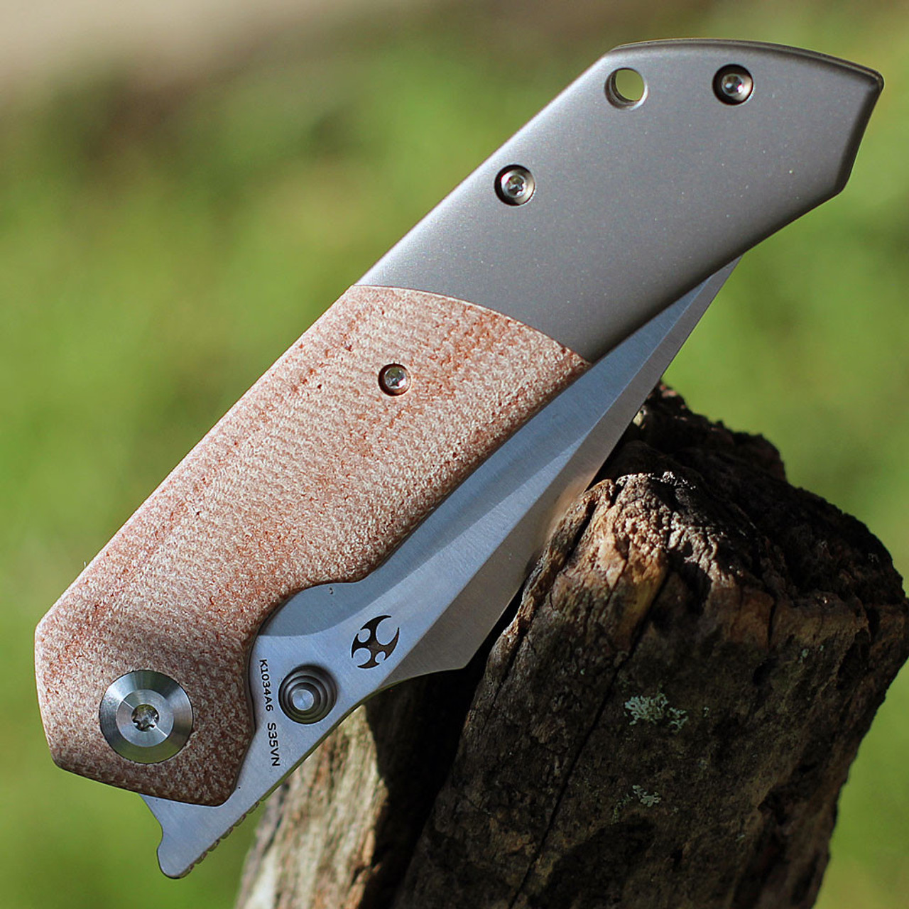 Kansept Fenrir (K1034A6) 3.48" CPM-S35VN Satin Drop Point Plain Blade, Gray Titanium Handle with Brown Micarta Inlay