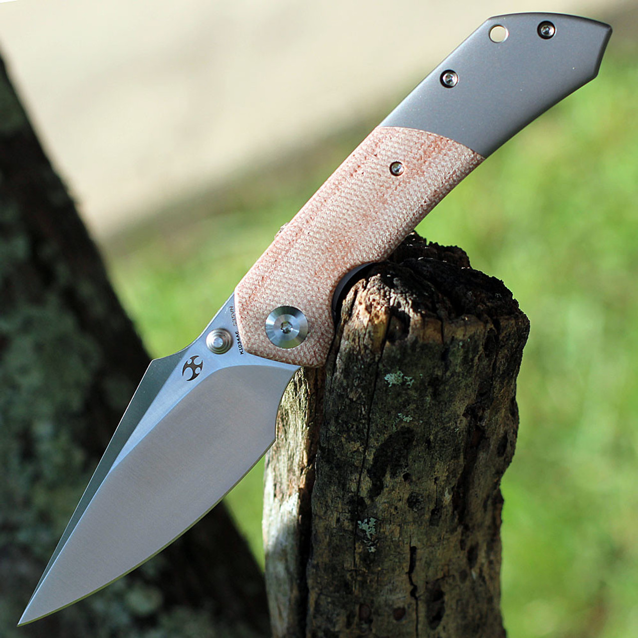 Kansept Fenrir (K1034A6) 3.48" CPM-S35VN Satin Drop Point Plain Blade, Gray Titanium Handle with Brown Micarta Inlay