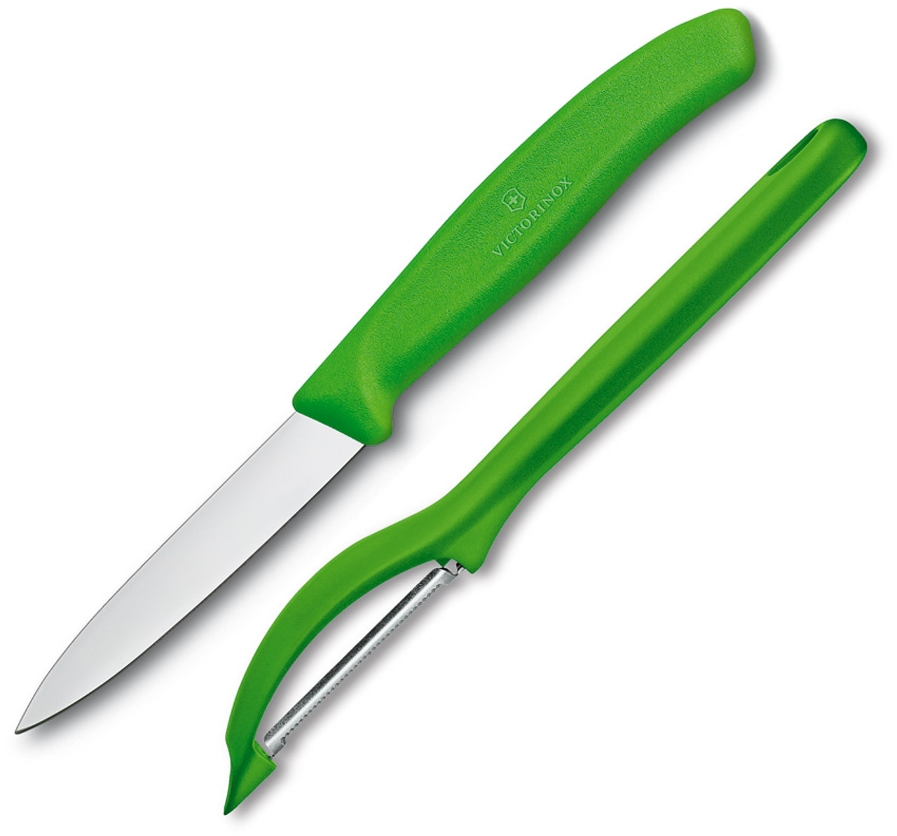 Victorinox Swiss 2 Piece Set w/ Peeler, Stainless Steel Satin Plain Blade, Green Polypropylene Handles