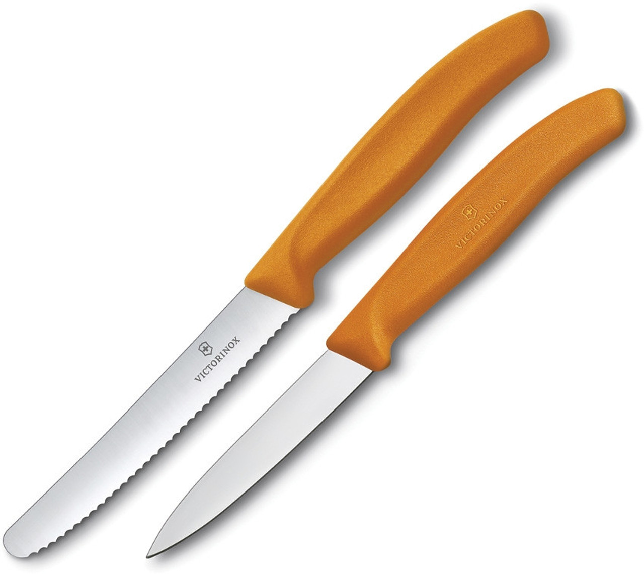 Victorinox Swiss 2 Piece Set w/ Paring Stainless Steel Satin Plain Blade, Steak Stainless Steel Serrated Blade, Orange Polypropylene Handles