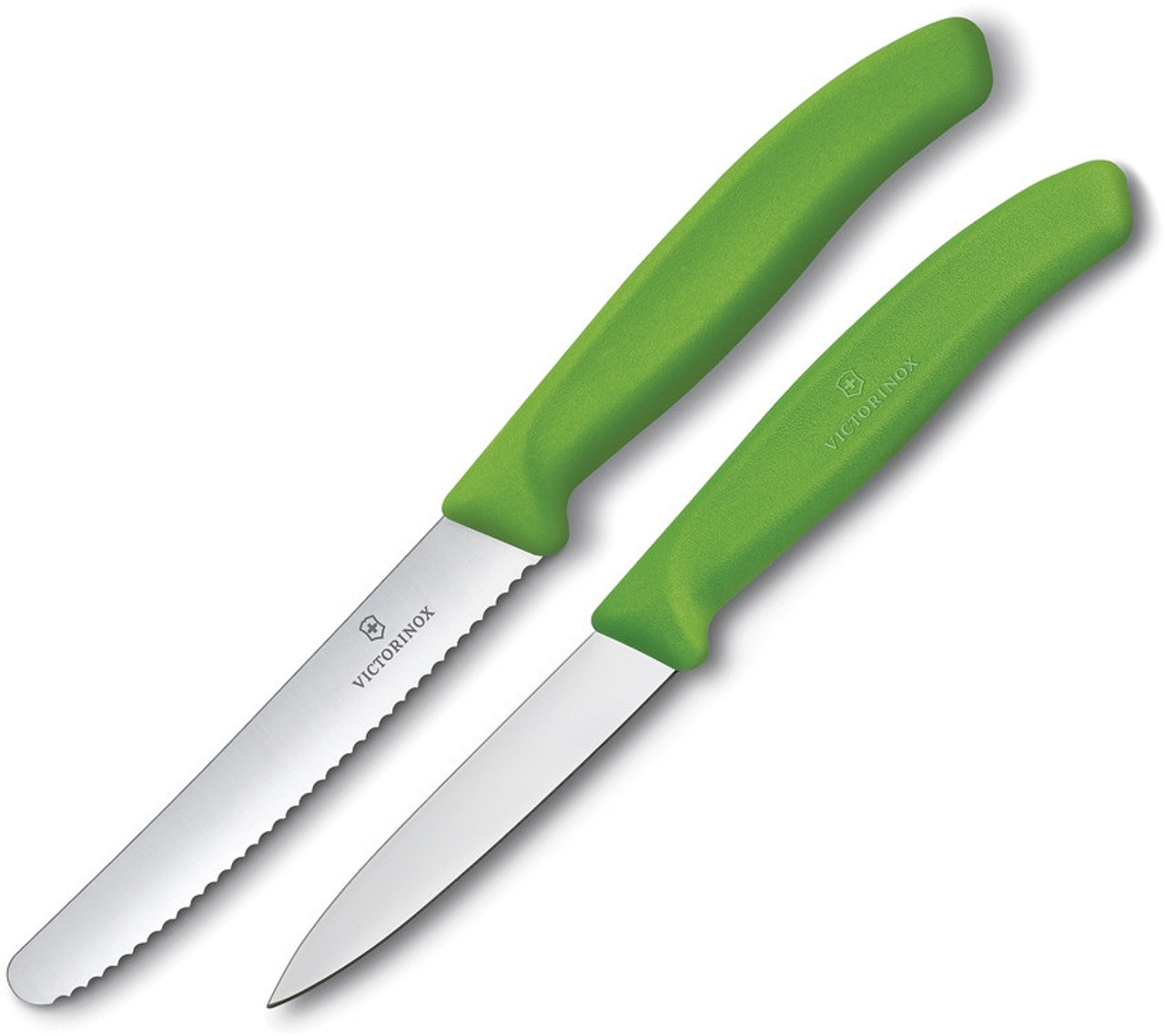 Victorinox Swiss 2 Piece Set w/ Paring Stainless Steel Satin Plain Blade, Steak Stainless Steel Serrated Blade, Green Polypropylene Handles
