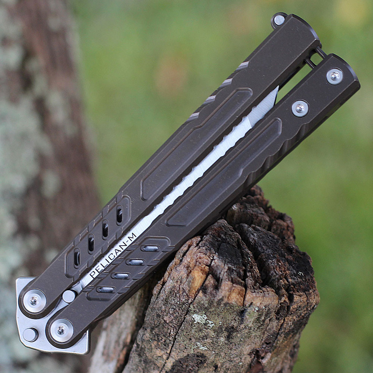 Maxace Pelican-M Balisong Butterfly Knife (MCPM03) - 3.54" Bohler M390 Satin Tanto Blade, Stonewashed Titanium TC4 Handle W/ 440C External Tuning Fork Trainer Blade