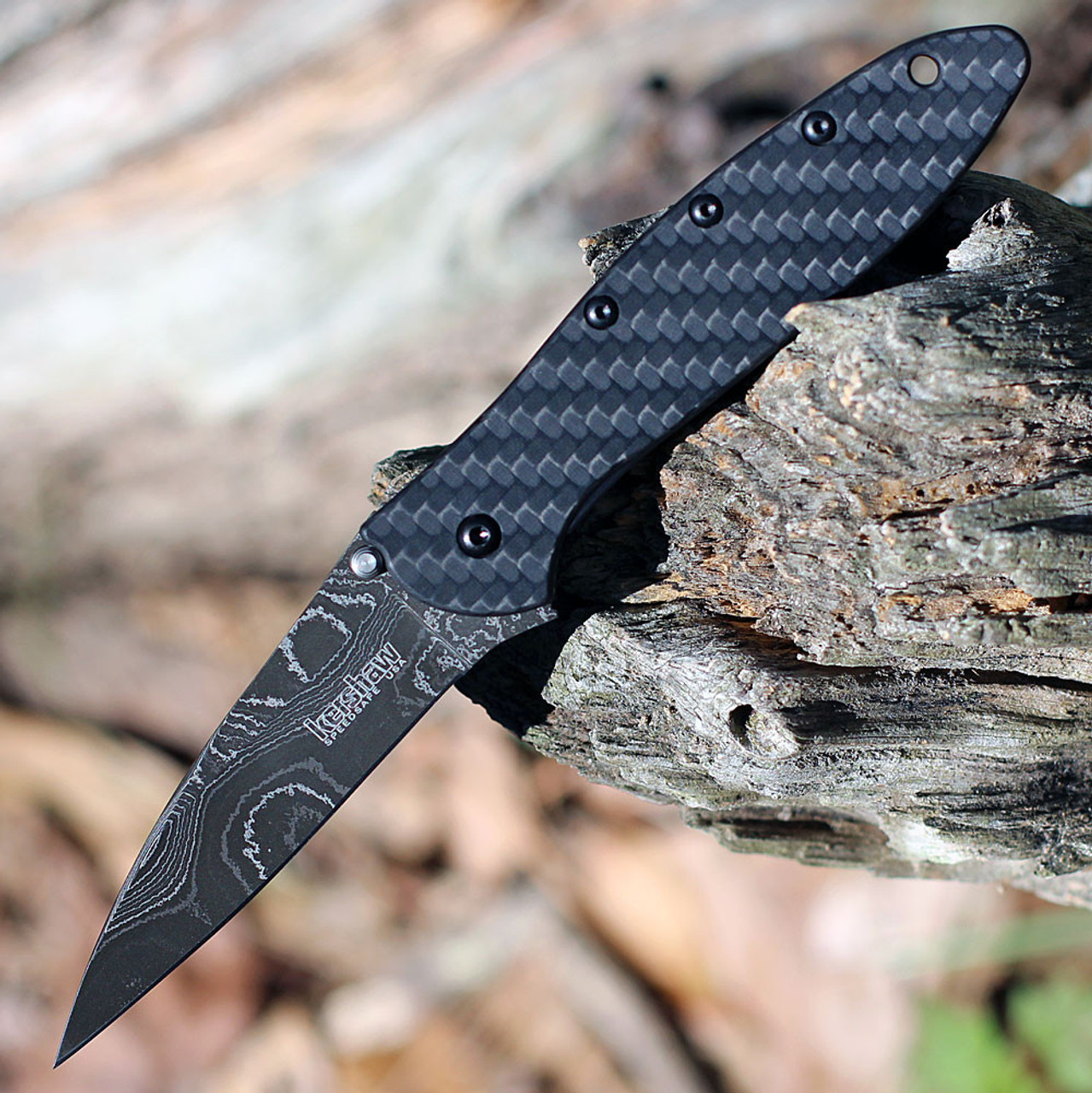 Kershaw Leek Assisted Opening Knife (1660CFDAM)- 3.00" Damascus Drop Point Blade, Black Carbon Fiber Handle