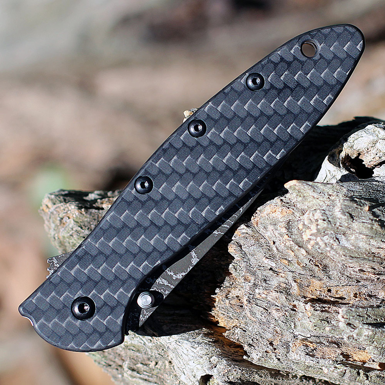 Kershaw Leek Assisted Opening Knife (1660CFDAM)- 3.00" Damascus Drop Point Blade, Black Carbon Fiber Handle