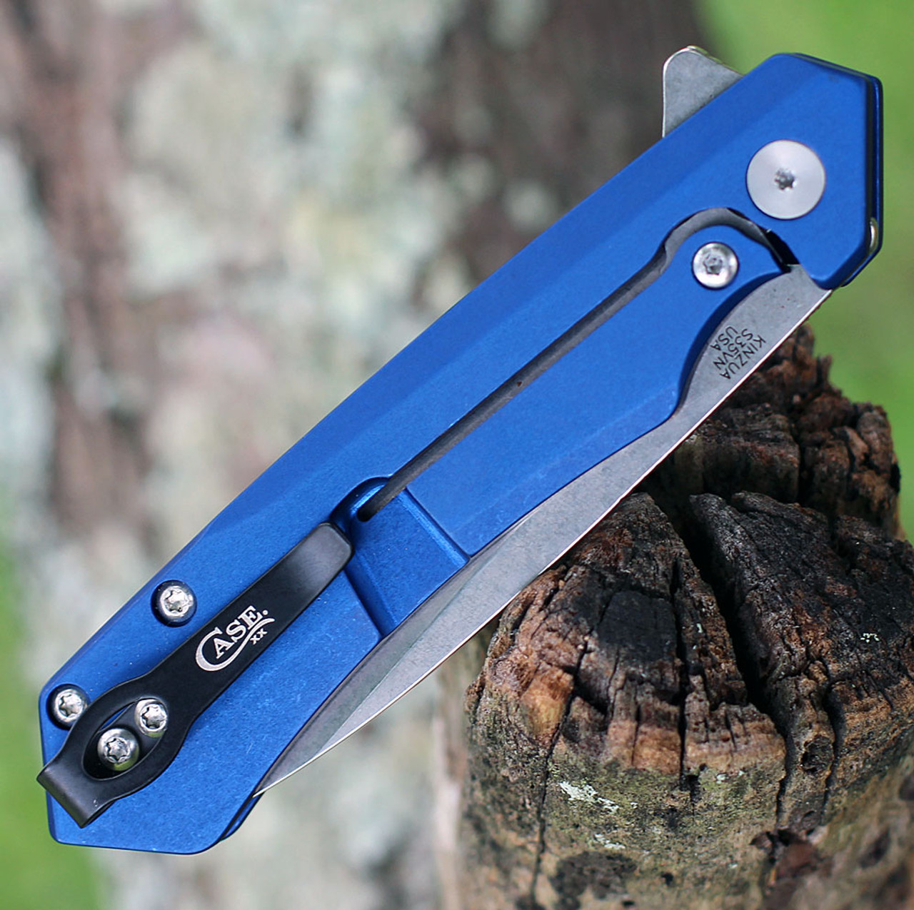 Case Kinzua Flipper Knife (64660) - 3.4" CPM-S34VN Stonewashed Spear Point Blade, Blue Anodized Aluminum Handle