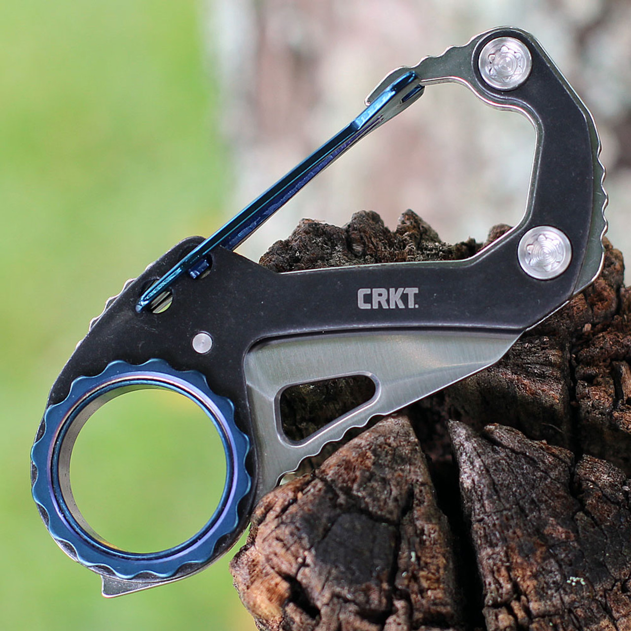 CRKT Compano Carabiner Folding Knife (9083) 1.44" Satin Sheepsfoot Plain Blade, Black Stainless Steel W/ Blue Accents Handle