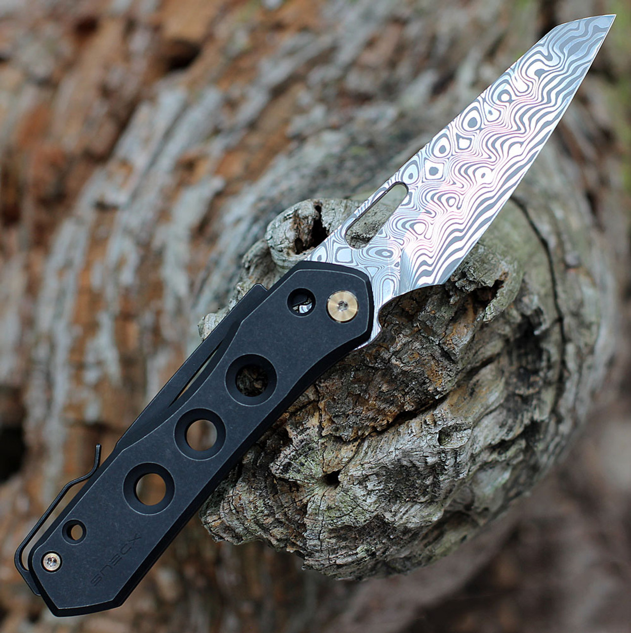 We Vision R Manual Thumb Knife (WE21031-DS1) - 3.54" Hakkapella Damasteel Reverse Tanto Blade, Black 6AL4V Titanium Handle, Designed By Snecx Tan