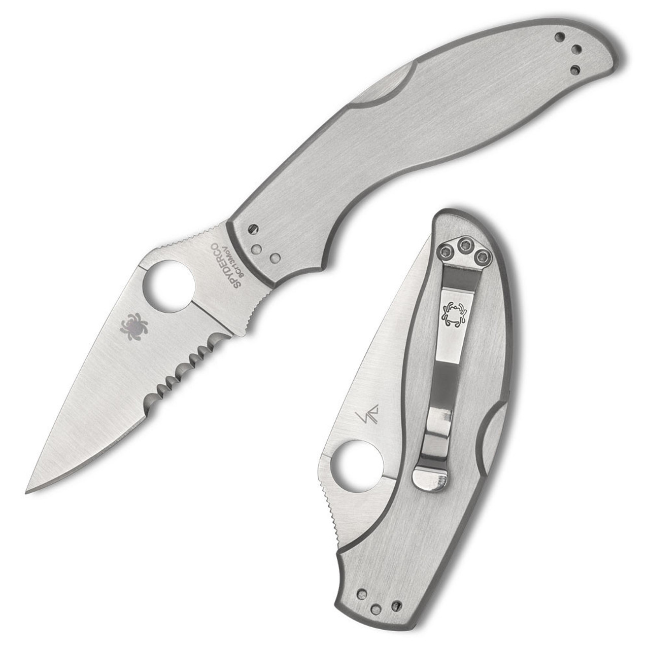 Spyderco UpTern (C261P) - 2.82" 8Cr13MoV Stainless Steel Part Serrated Drop Point Blade, Stainless Steel Handle