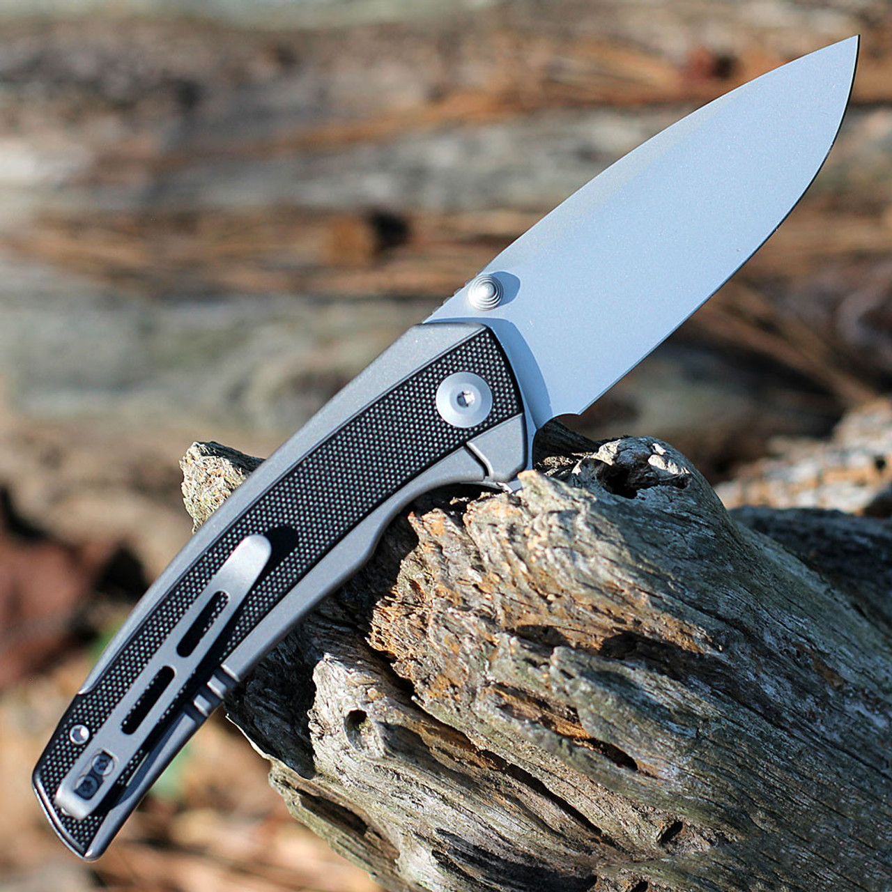 CIVIVI Teraxe Flipper Knife (C20036-3) - 3.48" Silver Bead Blasted Nitro-V Drop Point Blade, Gray Steel Handle W/ Black G-10 Inlay