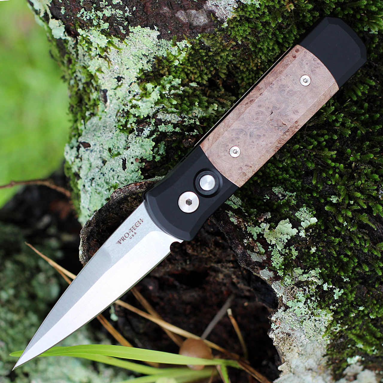 Pro-Tech Godson Automatic (706) - 3.15" 154CM Satin Spear Point Blade, Black Aluminum Handle with Maple Burl Inlays