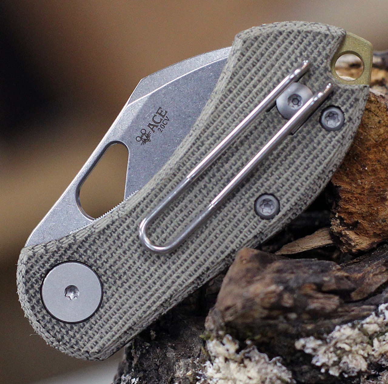 GiantMouse ACE Nibbler (NIBBLER-GREEV-CANVAS) - 2.00in 20CV Stonewashed Plain Blade, Green Canvas Micarta Handle