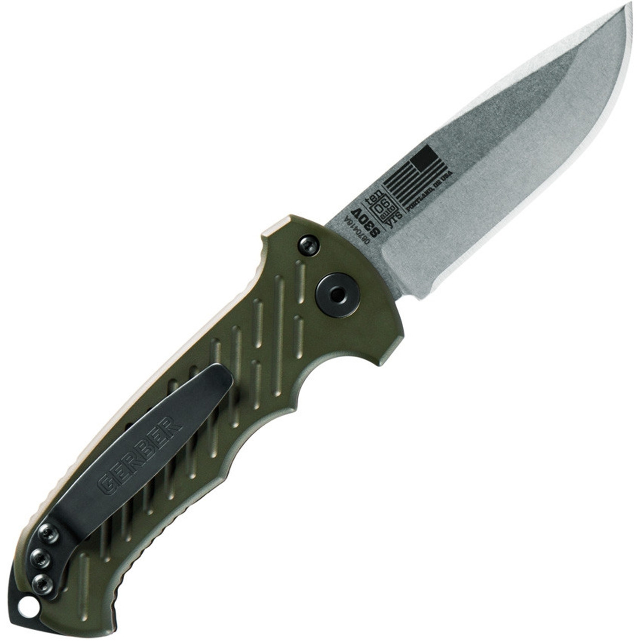 Gerber 06 Auto 10th Anniversary Automatic (G1263) 3.6" CPM S30V Stonewash Drop Point Blade, Olive Drab Aluminum Handle