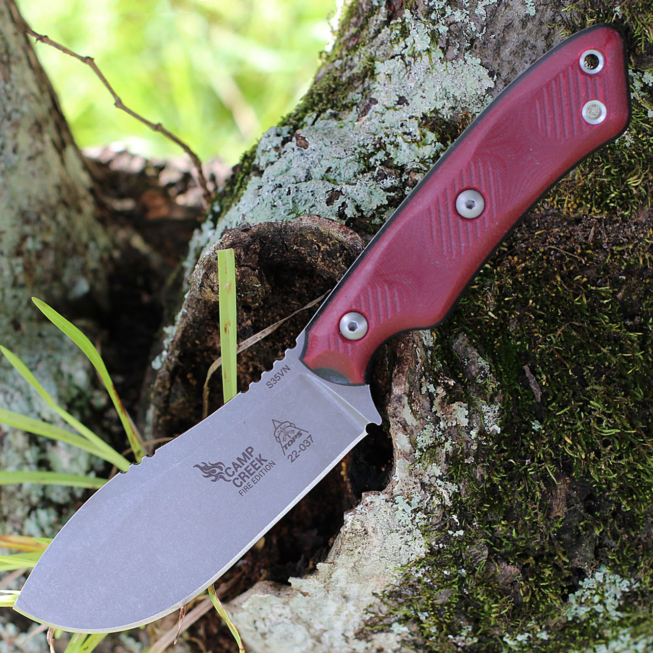 Tops Knives Camp Creek Fire Edition (TPCPCKFE01) 4.50" CPM S35VN Drop Point Stonewash Plain Blade, Red G-10 Handle