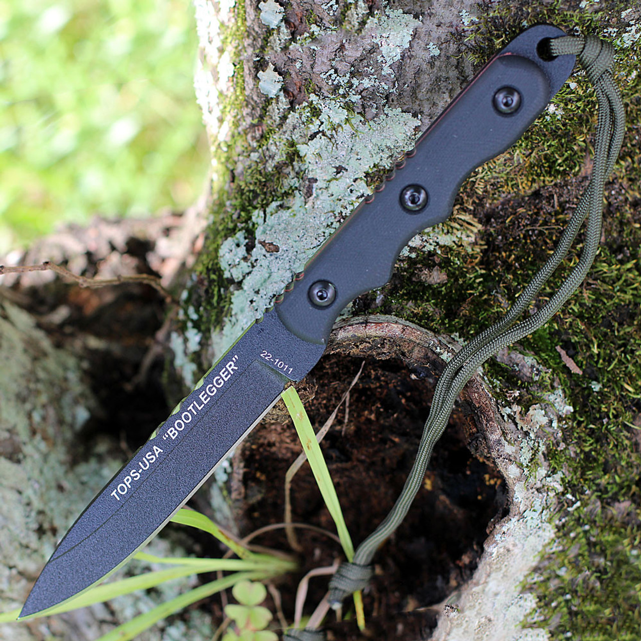 Tops Knives Ranger Bootlegger (TPRBL01) 4.88" Black Traction Coated 1095 Spear Point Plain Edge Blade, Black G-10 Handle