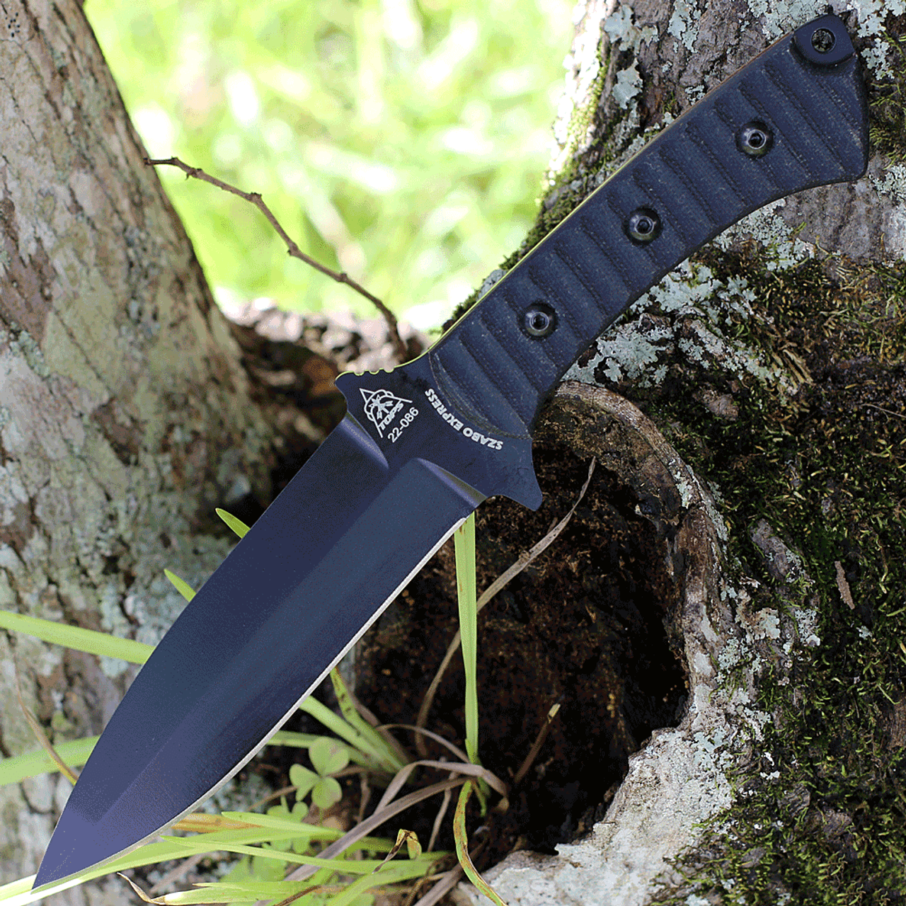 Tops Knives Szabo Express Single Edge (TPSZEX01) 5.63" Black Coated 1095 Dagger Style Single Edge Plain Blade, Black Micarta Handle