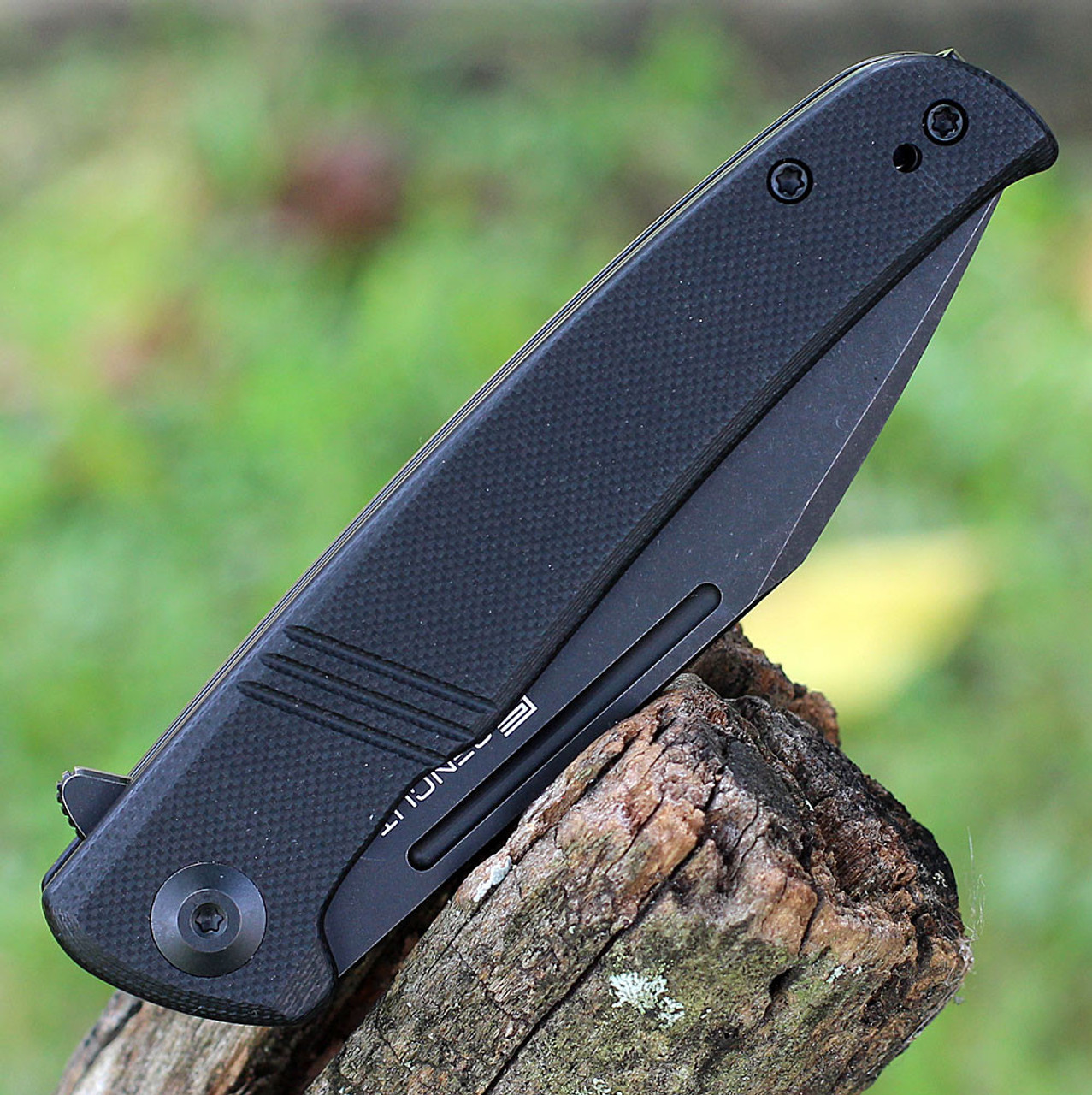 Sencut Brazoria Flipper (SA12A) 3.46" Black Coated D2 Clip point Plain Blade, Black G-10 Handle