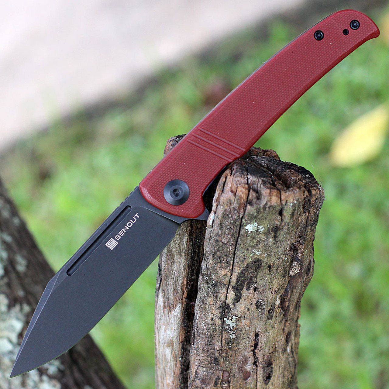 Sencut Brazoria Flipper (SA12C) 3.46" Black D2 Clip Point Plain Blade, Burgundy G-10 Handle