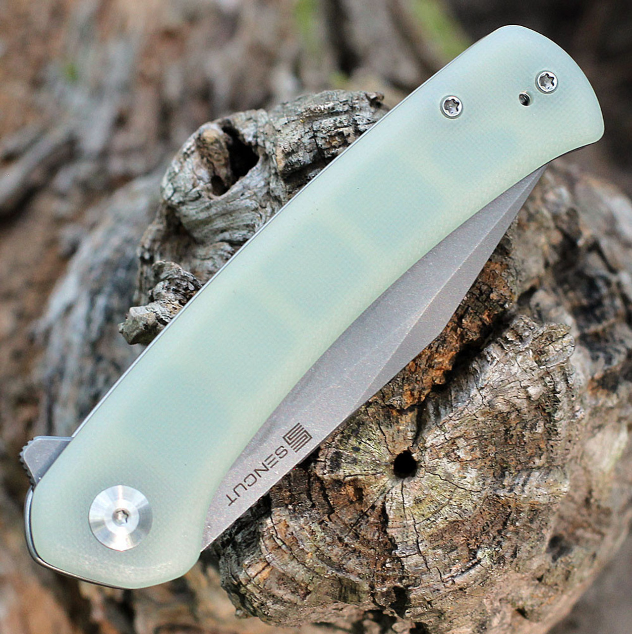 Sencut Snap Flipper (SA05C) 3.48" Stonewashed 9Cr18MoV Clip Point Plain Blade, Natural G-10 Handle