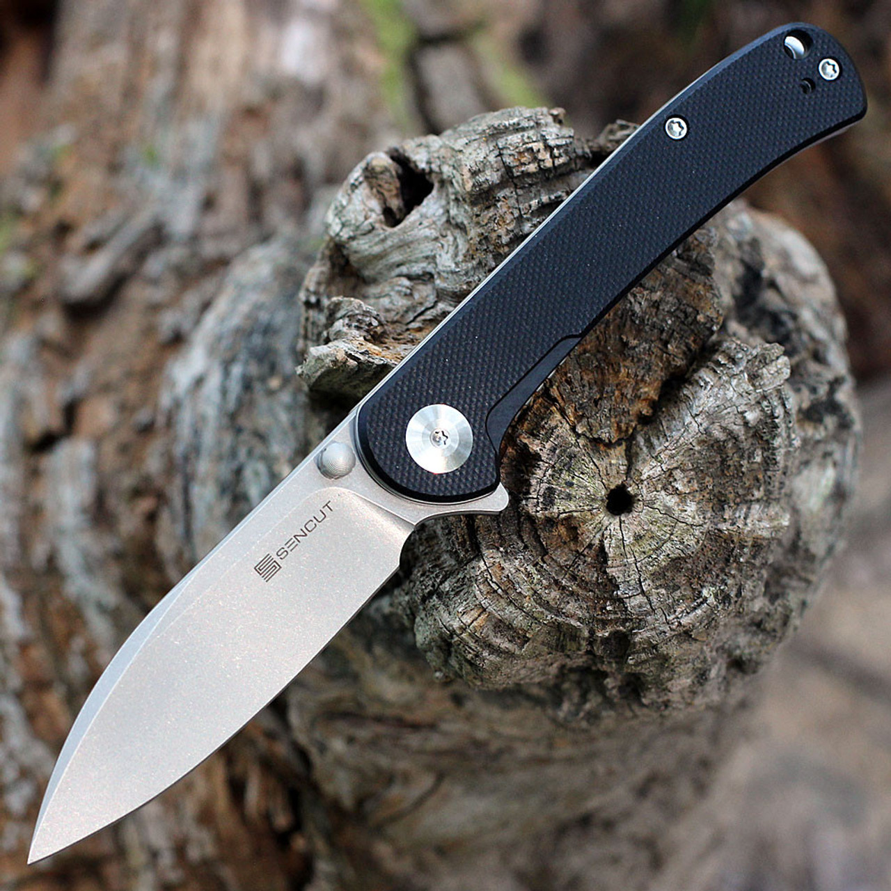 Sencut Scepter Flipper (SA03B) 3.48" Stonewashed 9Cr18MoV Drop Point Plain Blade, Black G-10 Handle