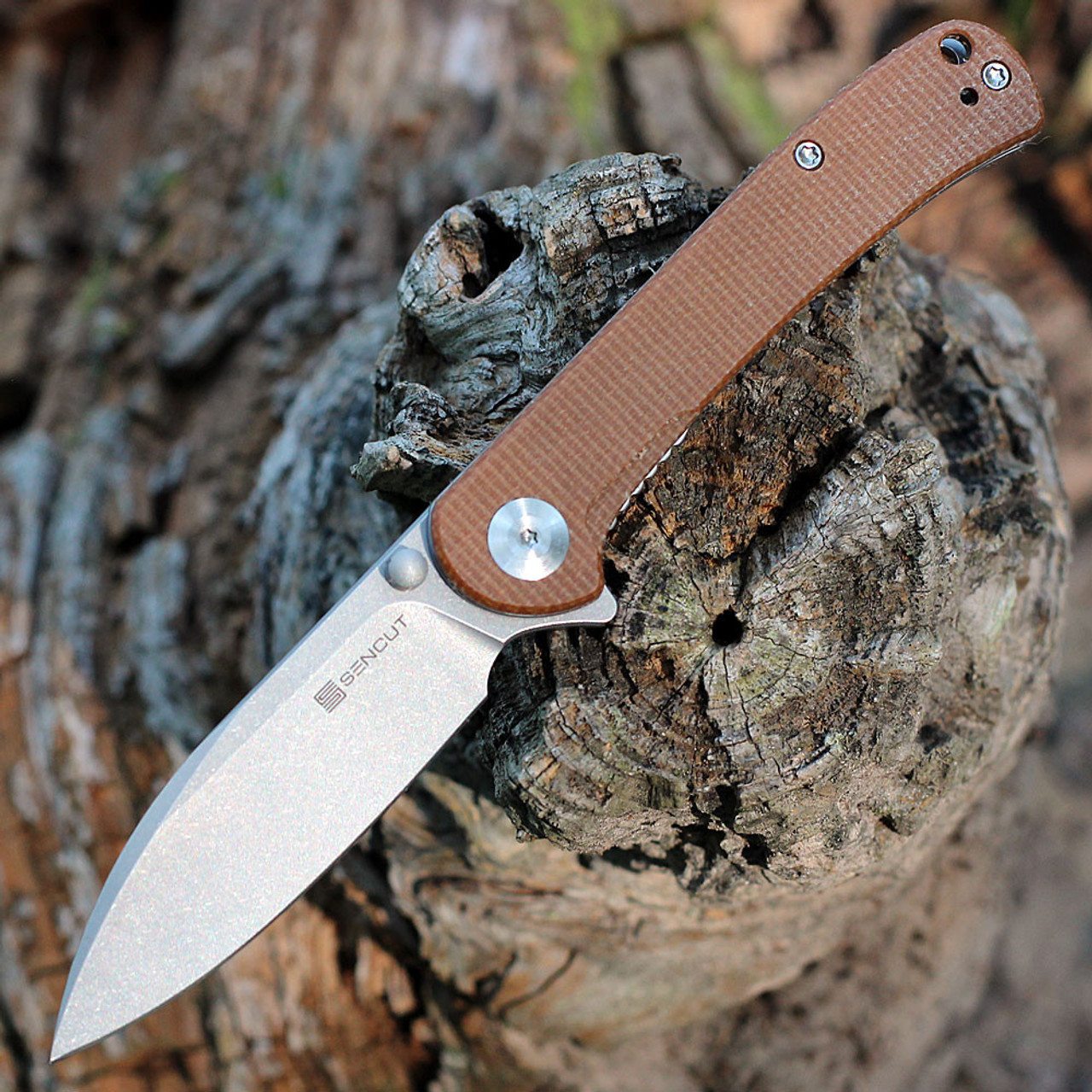 Sencut Scepter Flipper (SA03D) 3.48" Stonewashed 9Cr18MoV Drop Point Plain Blade, Brown Micarta Handle