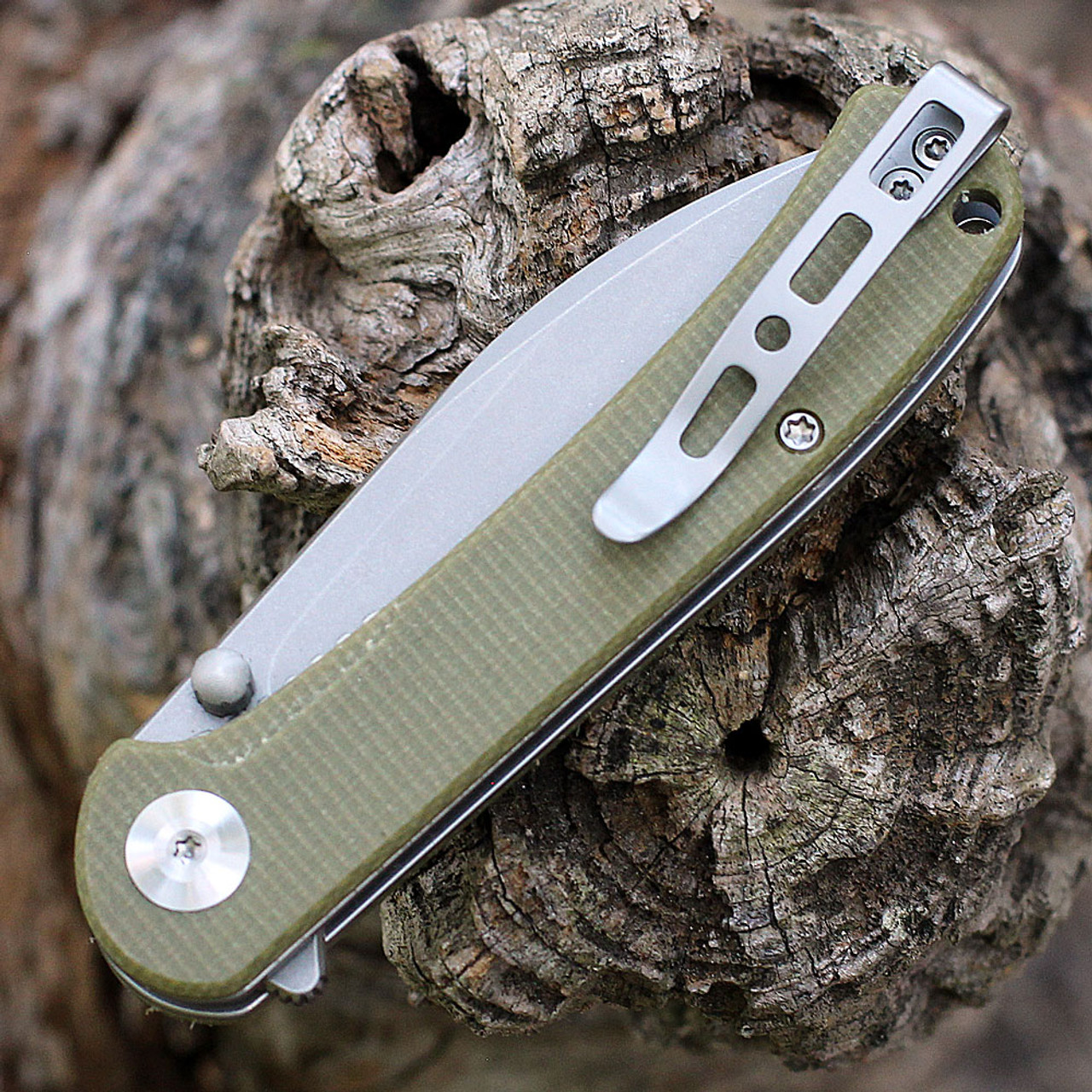 Sencut Scepter Flipper (SA03E) 3.48" Stonewashed 9Cr18MoV Drop Point Plain Blade, Olive Micarta Handle