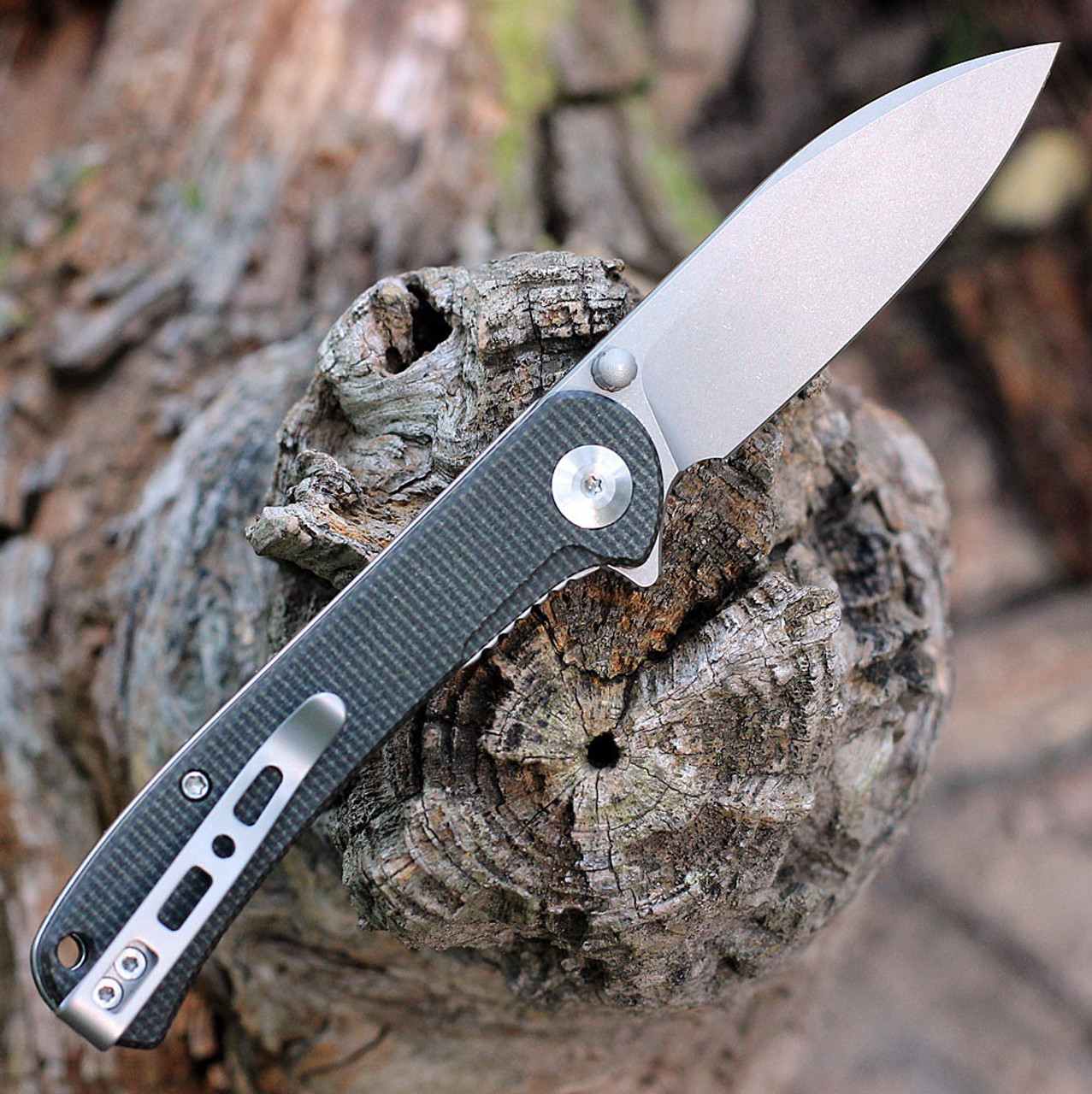 Sencut Scepter Flipper (SA03F) 3.48"  Stonewashed 9Cr18MoV Drop Point Plain Blade, Dark Green Micarta Handle