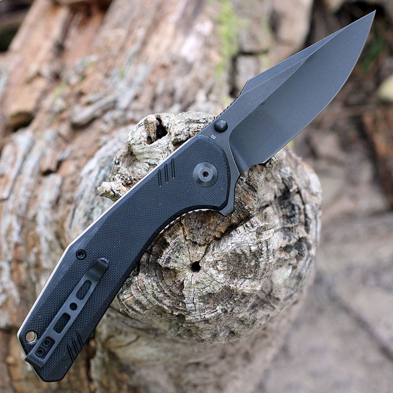 Sencut Actium Flipper (SA02C) 3.46" Black Stonewashed D2 Drop Point Plain Blade, Black G-10 Handle