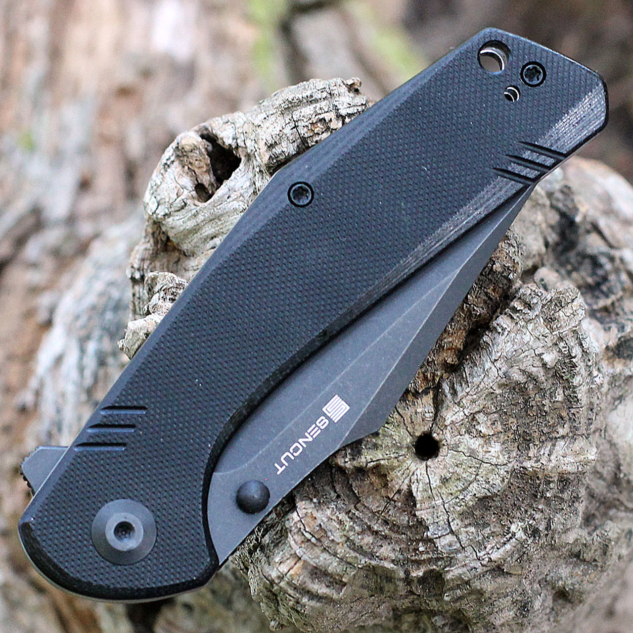 Sencut Actium Flipper (SA02C) 3.46" Black Stonewashed D2 Drop Point Plain Blade, Black G-10 Handle