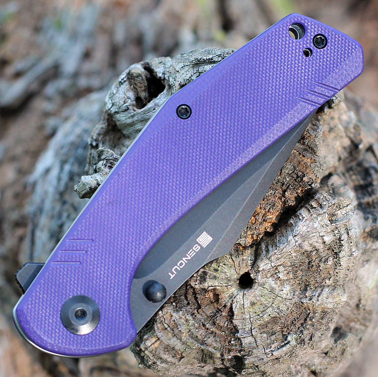 Sencut Actium Flipper (SA02D) 3.46" Black Stonewashed D2 Drop Point Plain Blade, Purple G-10 Handle