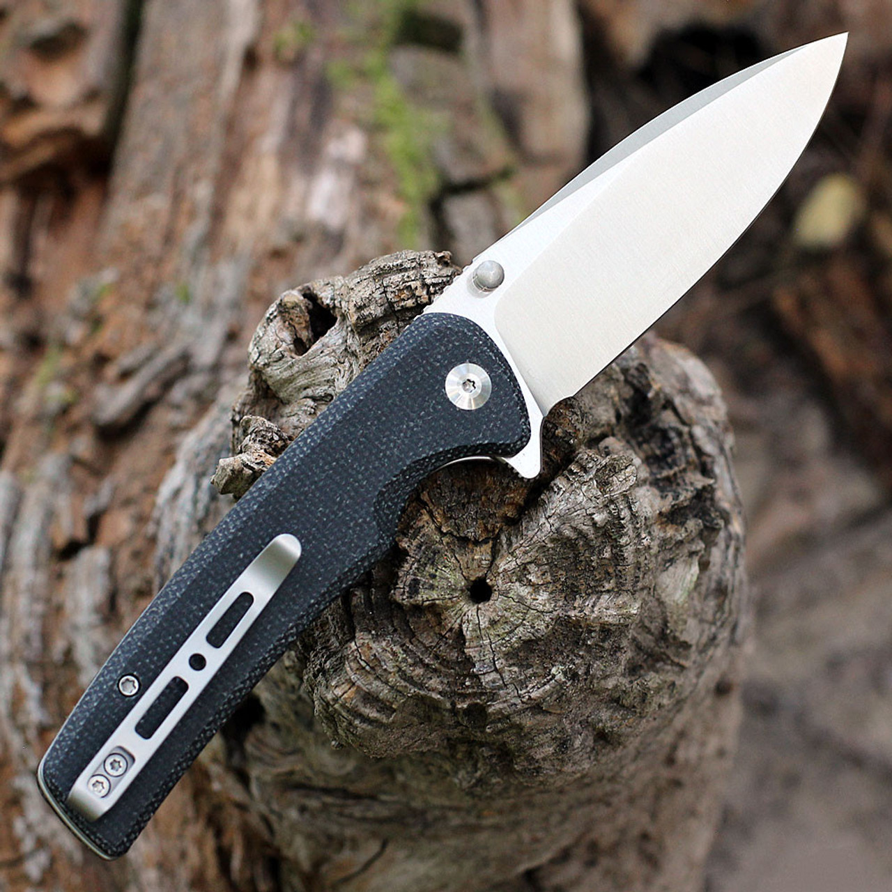 Sencut Sachse Button Lock Flipper (S21007-1) 3.47" Satin 9Cr18MoV Drop Point Plain Blade, Black Micarta  Handle