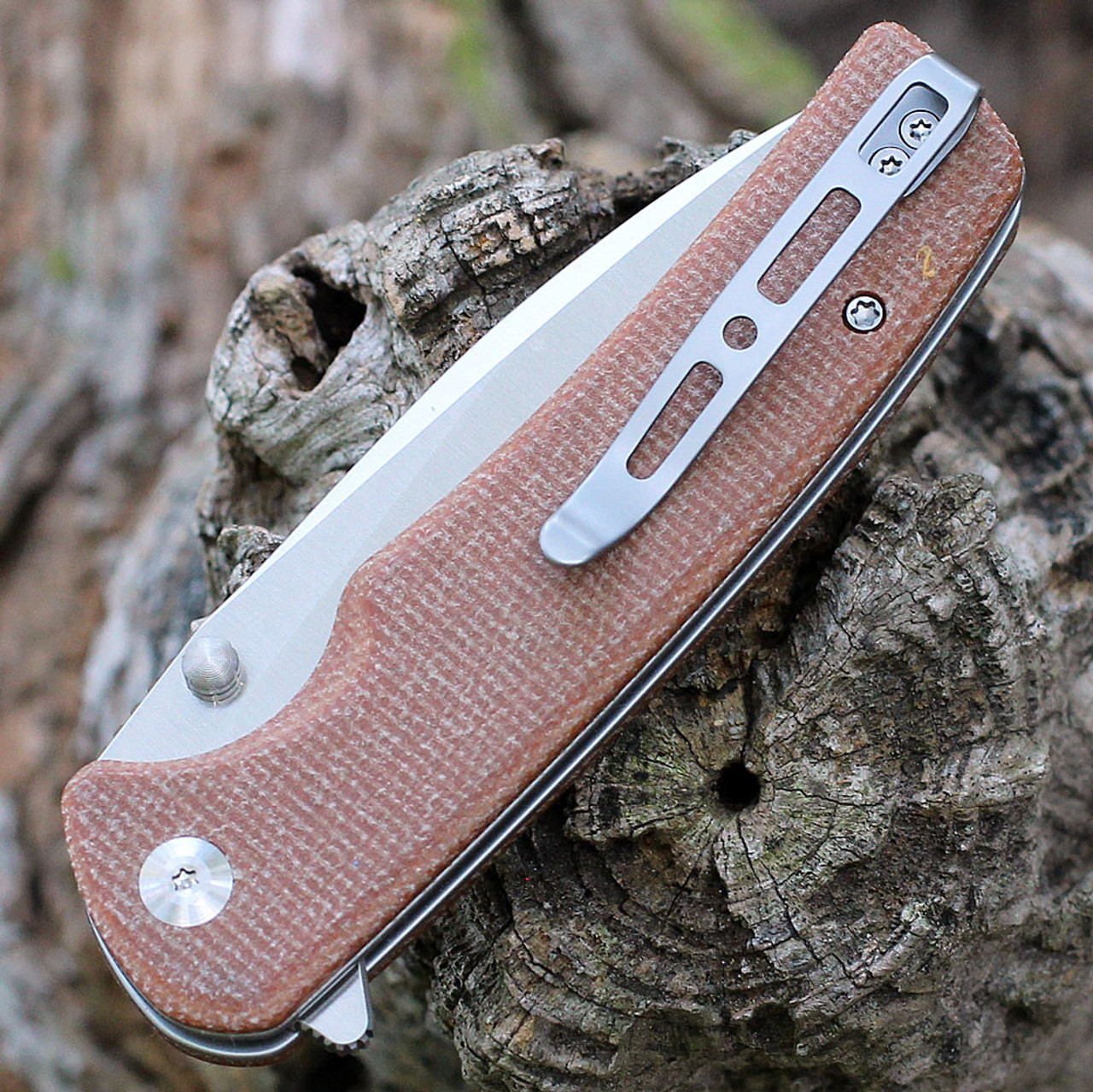 Sencut Sachse Button Lock Flipper (S21007-3) 3.47 in Satin 9Cr18MoV Drop Point Plain Blade, Brown Micarta  Handle