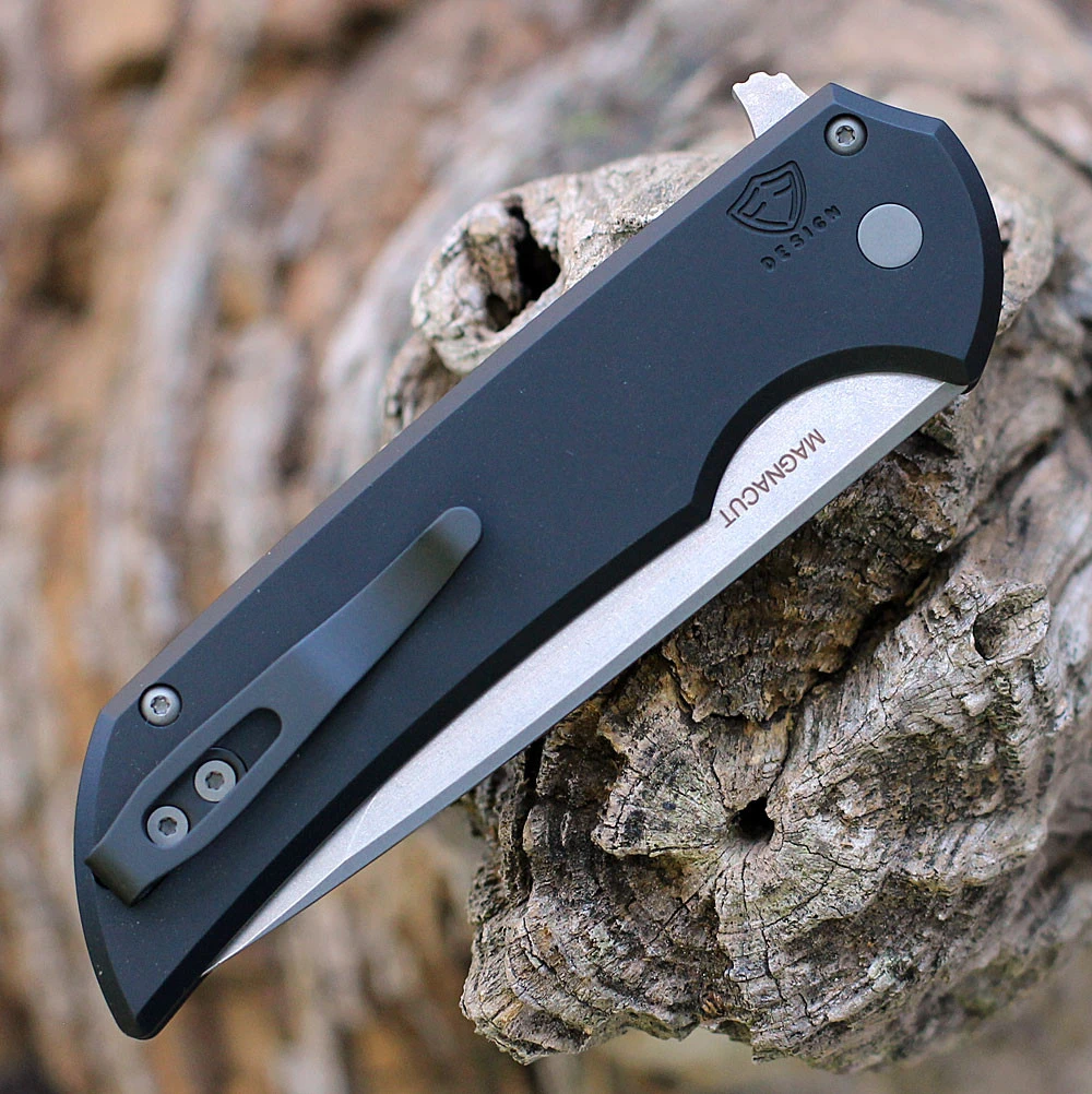 Pro-Tech Mordax Button Lock Foldign Knife (MX101) - 3.62" MAGNACUT Stonewash Blade, Black Aluminum Hanlde