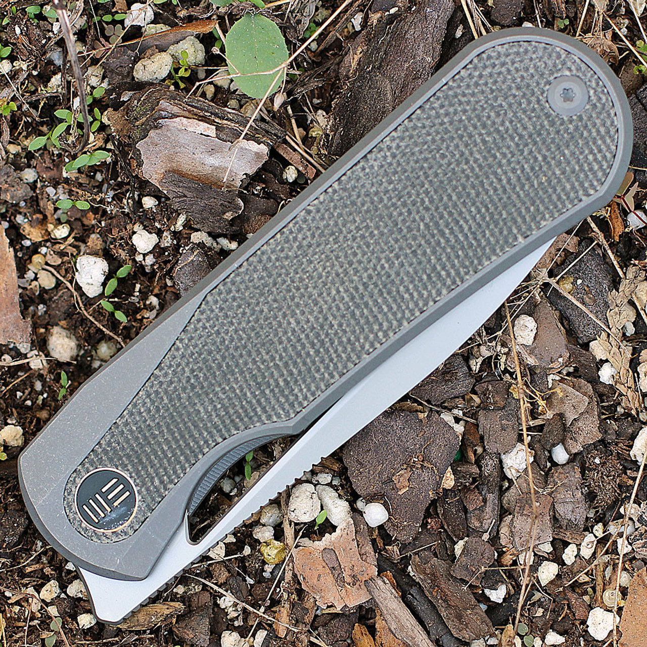 WEKNIFE  Baloo  (WE210334) 3.31" CPM 20CV Bead Blasted Drop Point Plain Blade, 6AL4V Titanium With Dark Green Micarta Inlayed Handle