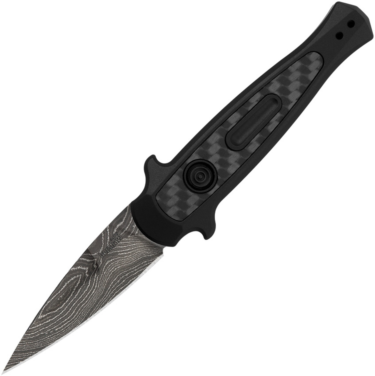 Kershaw Launch 12 Mini Stiletto Automatic Knife (7125DAM)- 2.40" Damascus Spear Point Blade, Black Aluminum w/ Carbon Fiber Inlay Handle