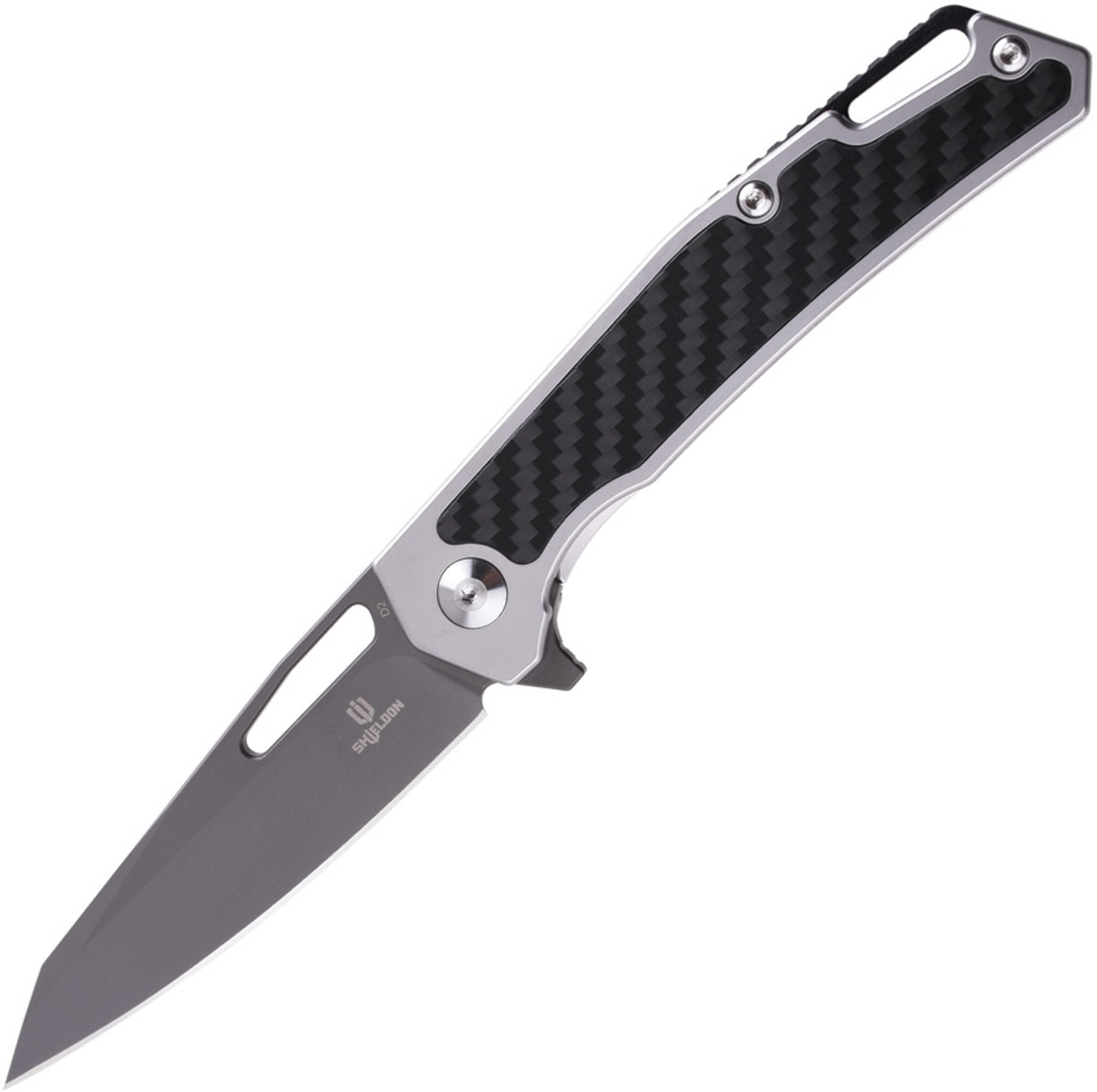 Shieldon Barraskewda Folding Knife (604S1-G) 3.74 in Grey D2 Reverse Tanto Point Blade, Gray Stainless Steel with Carbon Fiber Inlay Handle