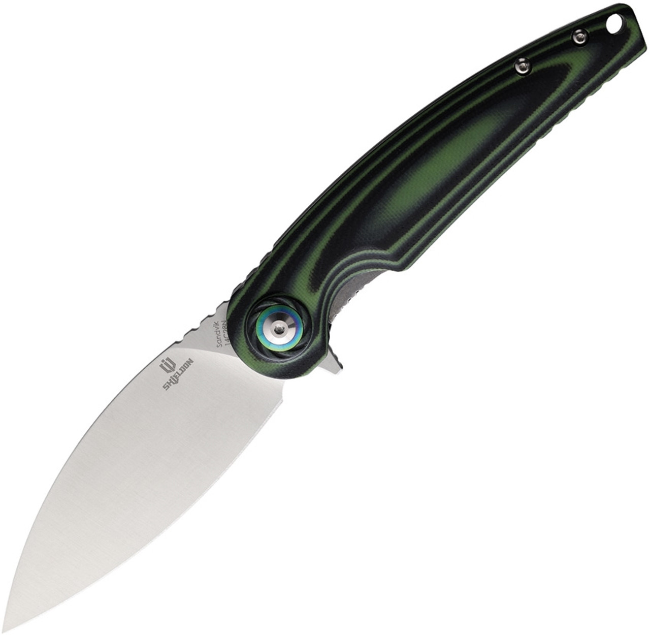 Shieldon Bulbasaur Folding Knife (9061G-N) 3.66 in Sandvik 14C28N Sandblasted Drop Point Blade, Green and Black G-10 Handle