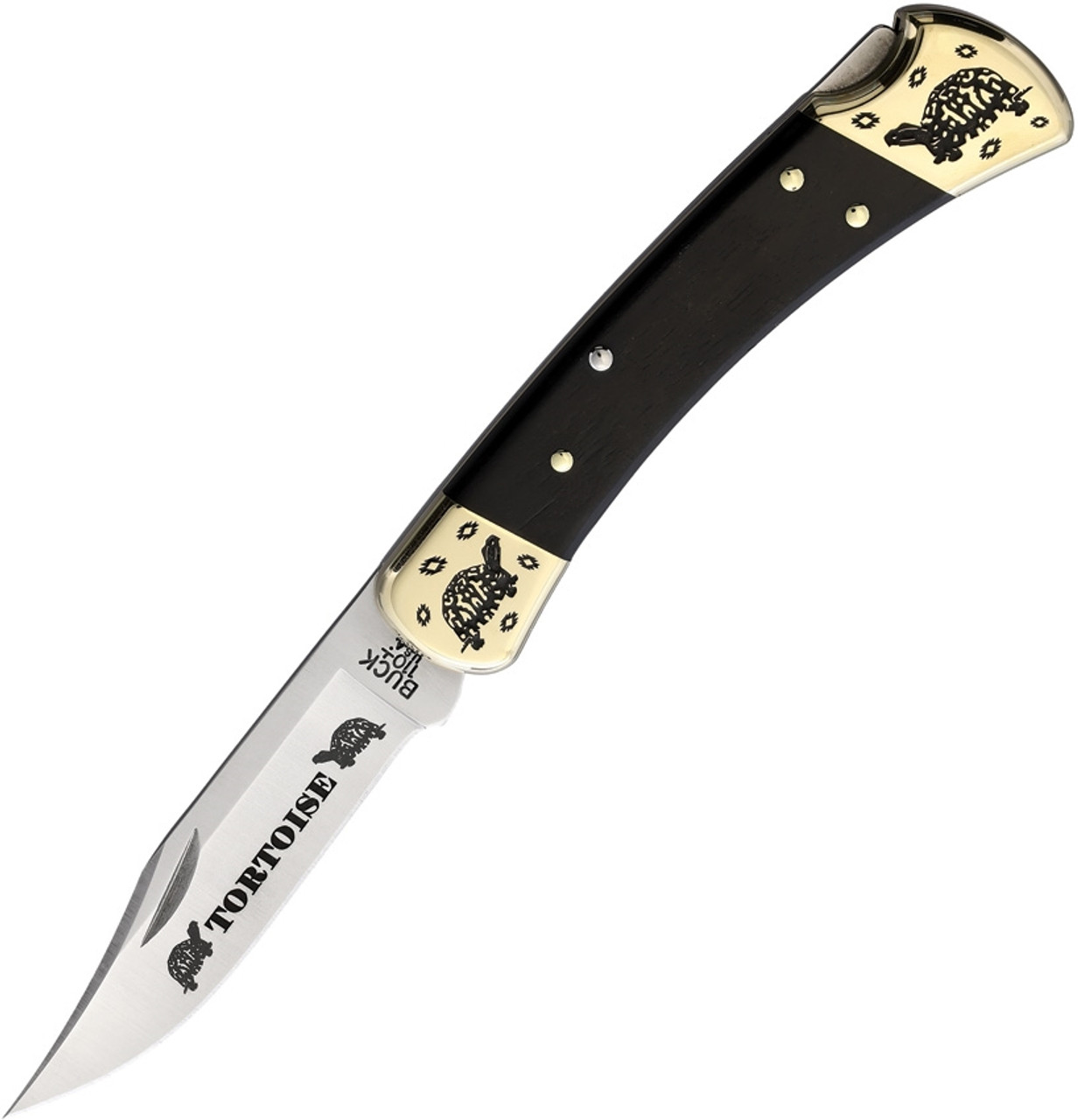 Brian Yellowhorse Custom Buck 110 Tortoise (YH399) 3.75" Satin 420HC Stainless Steel Clip Point Blade w/ Tortoise Etching,Ebony Wood Handle w/ Etched Brass Bolsters