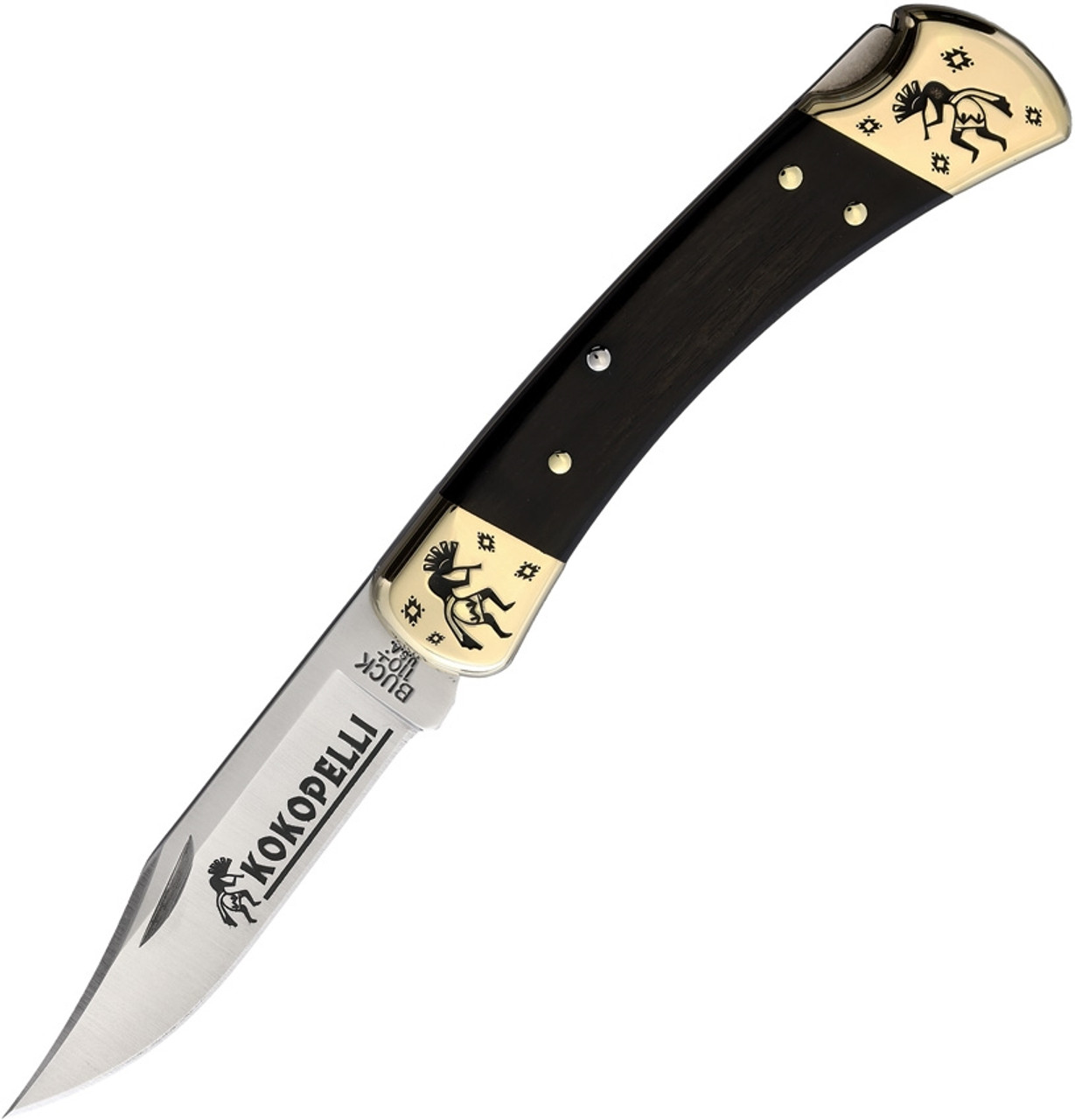 Brian Yellowhorse Custom Buck 110 Elk (YH401) 3.75" Satin 420HC Stainless Steel Clip Point Blade w/ Kokopelli Etching, Ebony Wood Handle w/ Etched Brass Bolsters