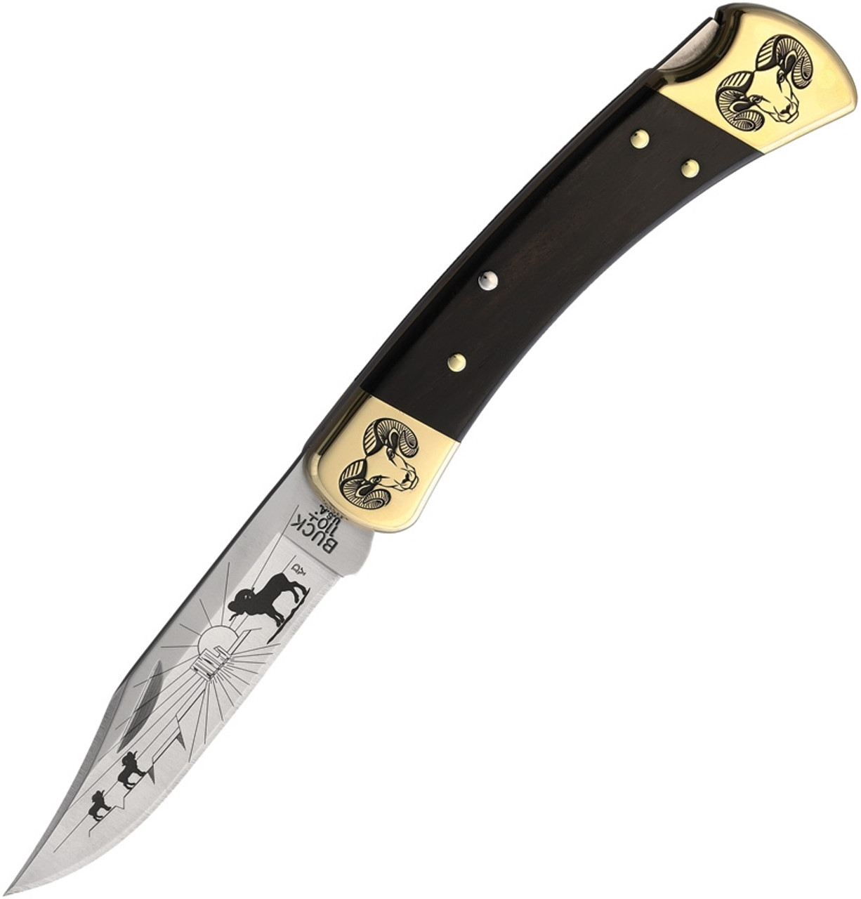 Brian Yellowhorse Custom Buck 110 Ram (YH377) 3.75" Satin 420HC Stainless Steel Clip Point Blade w/ Ram Etching, Ebony Wood Handle w/ Etched Brass Bolsters