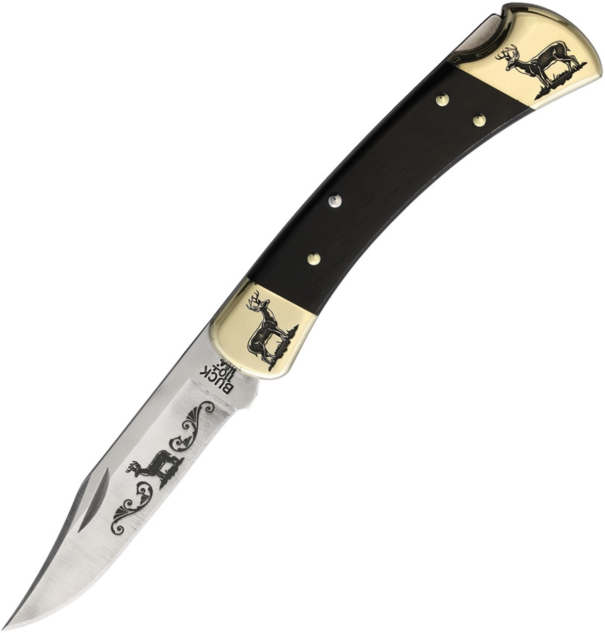 Brian Yellowhorse Custom Buck 110 Deer (YH370) 3.75" Satin 420HC Stainless Steel Clip Point Blade w/ Deer Etching, Ebony Wood Handle w/ Etched Brass Bolsters