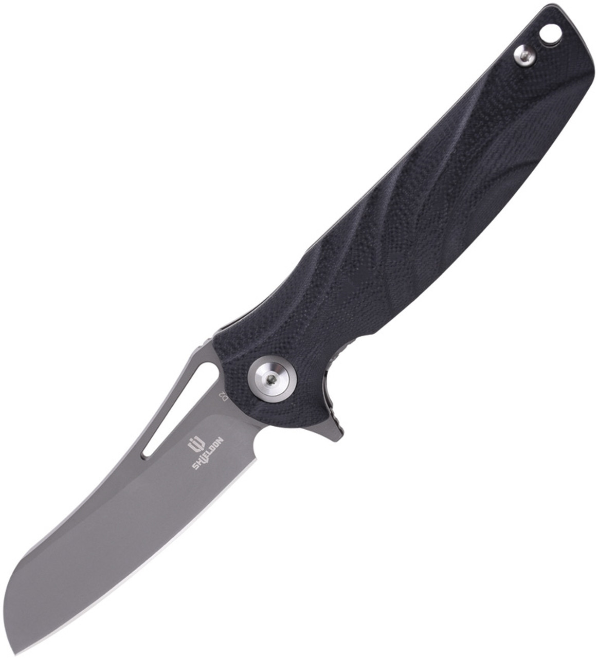 Shieldon Bazoucan (9050G) 3.19" Grey Titanium Coated D2 Sheepsfoot Plain Blade, Black G10 Handle