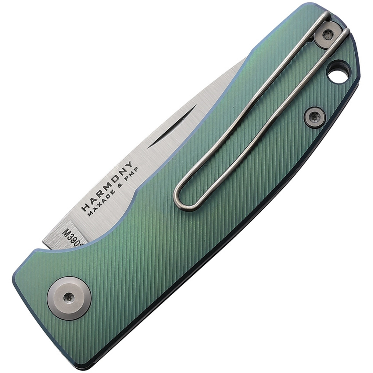 Maxace/PMP Harmony Folding Knife (PMP036) 2.97 in Satin Bohler M390 Drop Point Blade, Green Titanium Handle