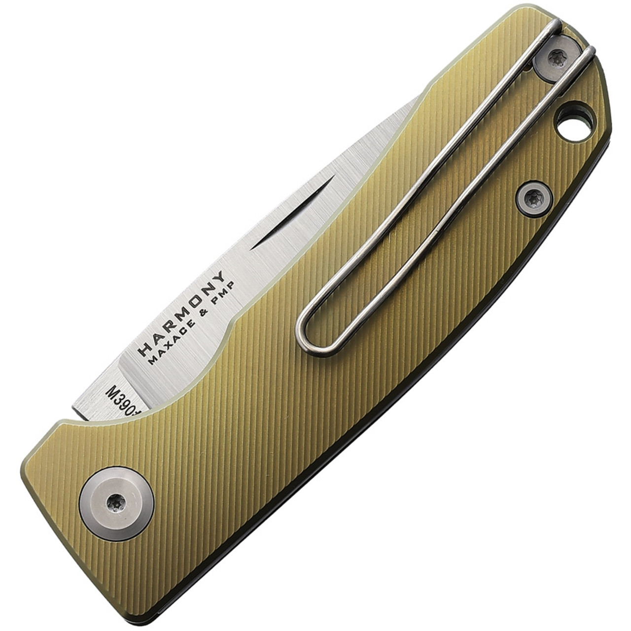 Maxace/PMP Harmony Folding Knife (PMP037) 2.97 in Satin Bohler M390 Drop Point Blade, Gold Titanium Handle