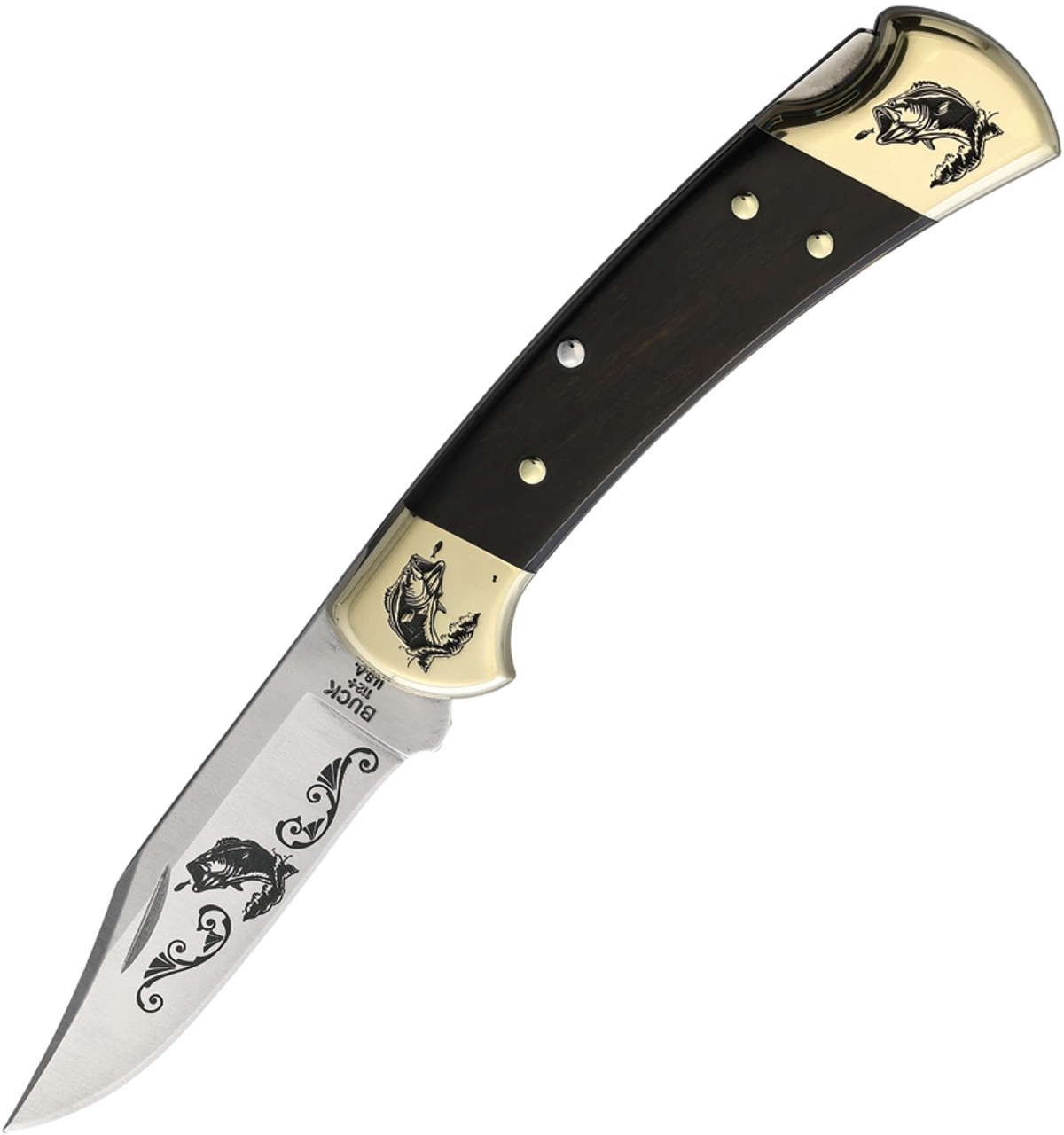 Brian Yellowhorse Custom Buck 112 Bass (YH367) 3.00" Satin 420HC Stainless Steel Clip Point Blade w/ Bass Etching, Ebony Wood Handle w/ Etched Brass Bolsters