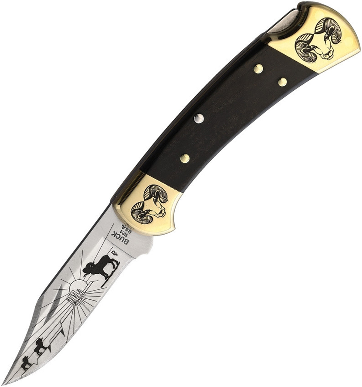 Brian Yellowhorse Custom Buck 112 Ram (YH378) 3.00" Satin 420HC Stainless Steel Clip Point Blade w/ Ram Etching, Ebony Wood Handle w/ Etched Brass Bolsters