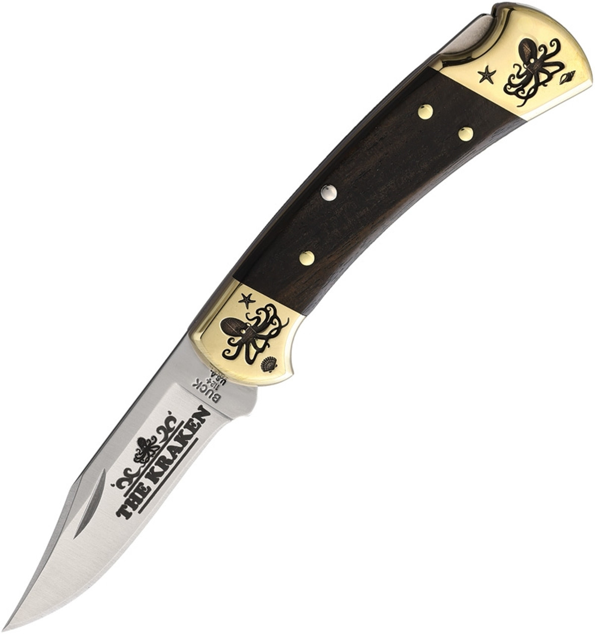 Brian Yellowhorse Custom Buck 112 Kraken (YH394) 3.00" Satin 420HC Stainless Steel Clip Point Blade w/ Kraken Etching, Ebony Wood Handle w/ Etched Brass Bolsters