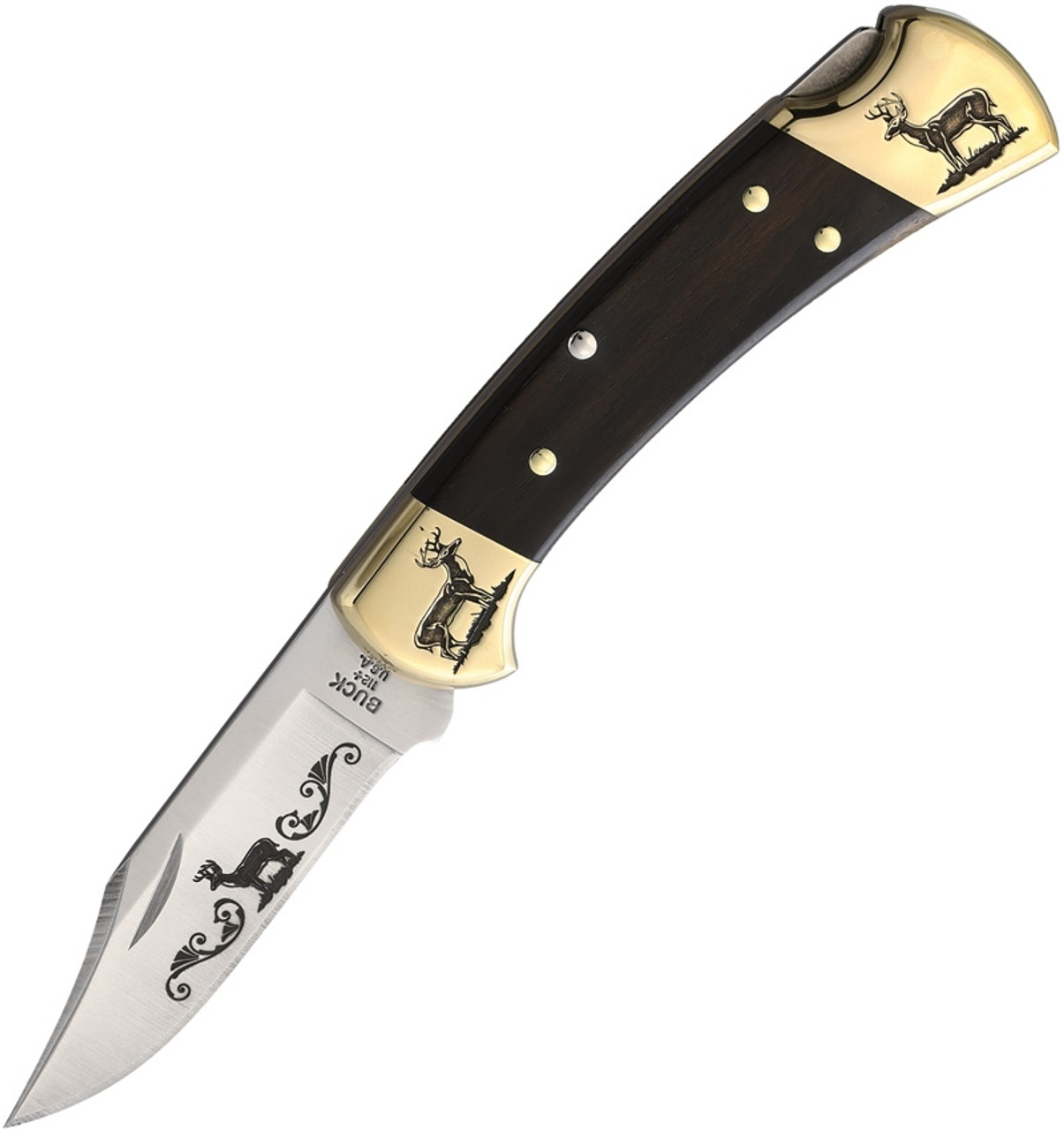 Brian Yellowhorse Custom Buck 112 Deer (YH369) 3.00" Satin 420HC Stainless Steel Clip Point Blade w/ Deer Etching, Ebony Wood Handle w/ Etched Brass Bolsters